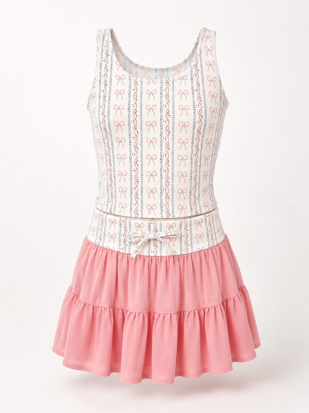 GIrls Two-Piece Skirt and Tank set with bow printed fabric in light pink and blue