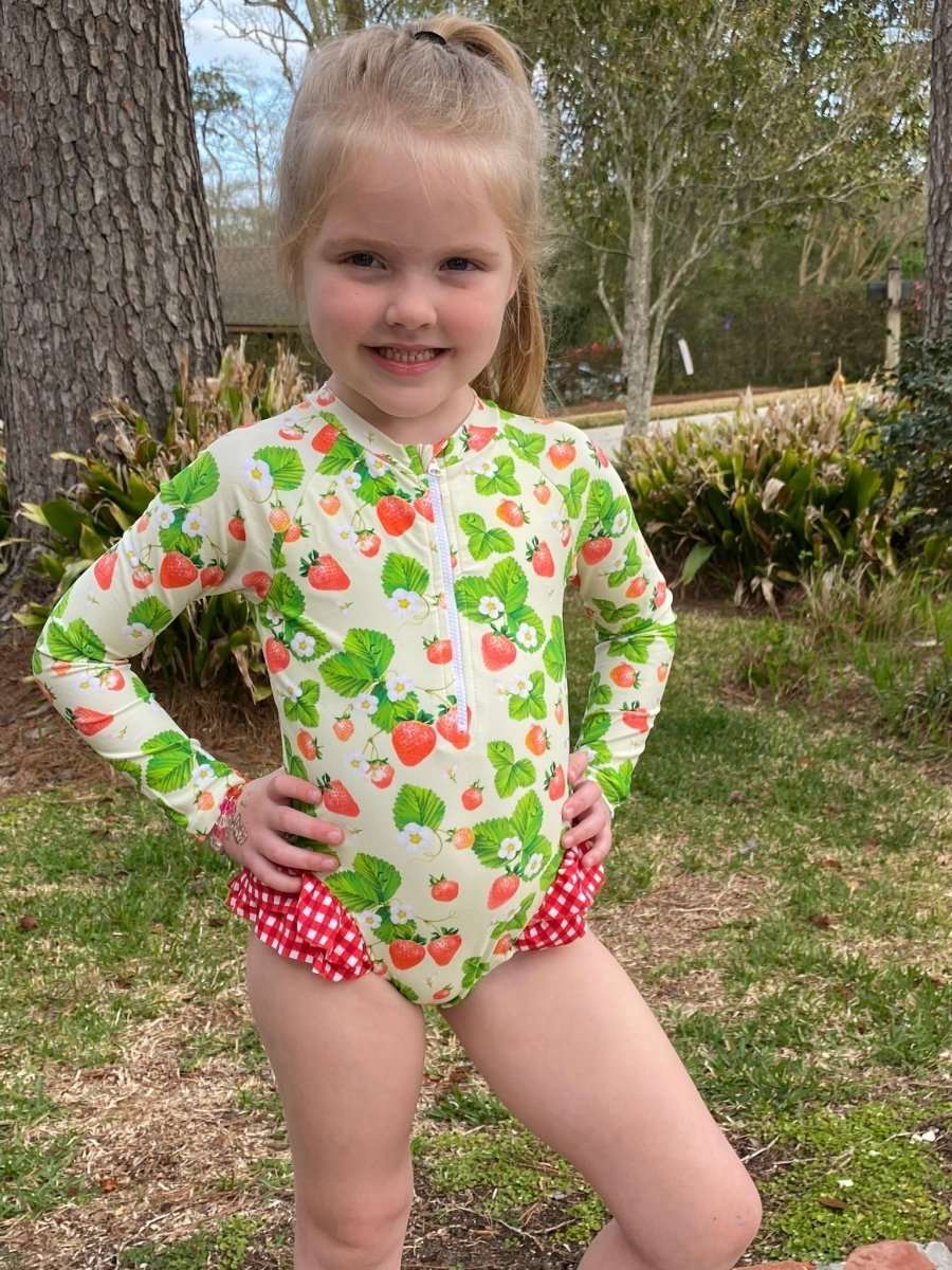 Girl's Long Sleeved Strawberry Print Swimsuit