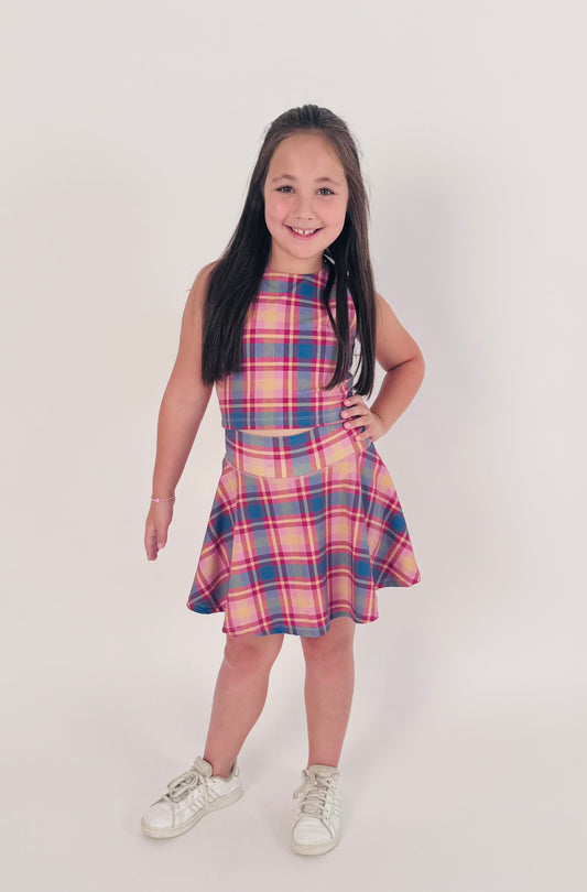 Tween Two-Piece Tennis Skirt Set – Pink and Blue Plaid Print