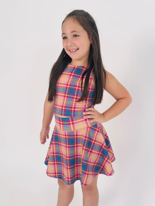 Tween Two-Piece Tennis Skirt Set – Pink and Blue Plaid Print